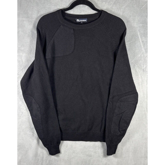 Aquascutum Men’s Black 100% Wool Chest Arm Patches Sweater Jumper‎ Size Large - Picture 1 of 5